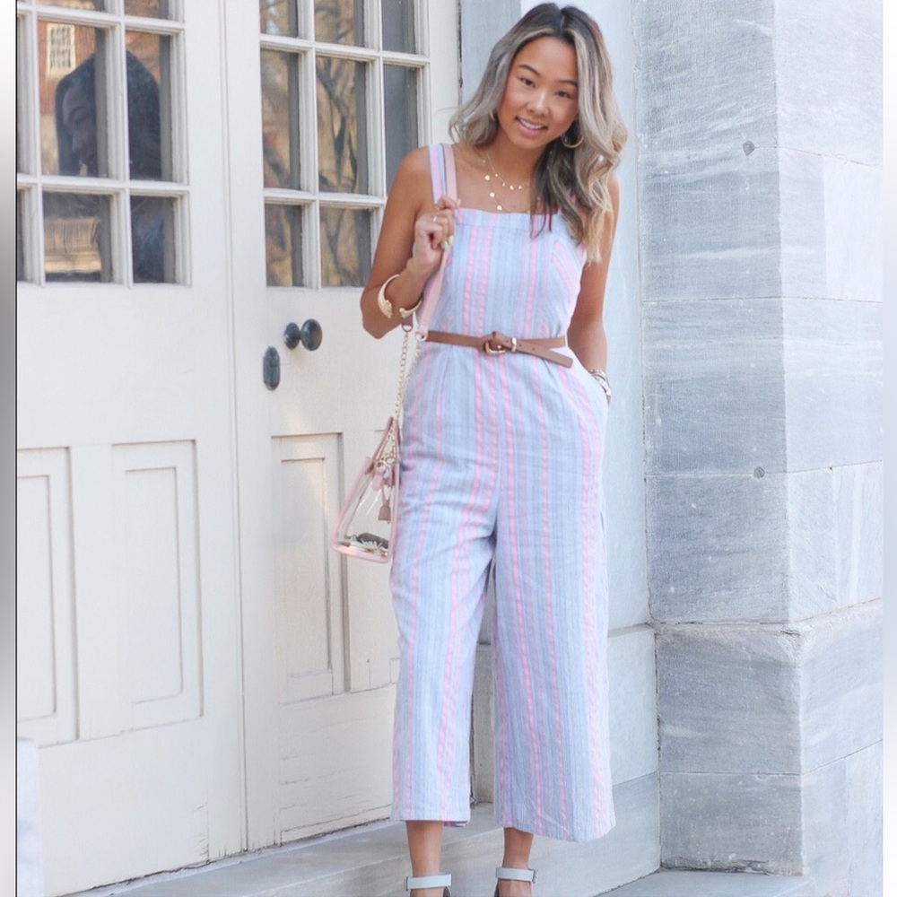 SUGARLIPS Gray Pink Stripe Wide Leg Cropped Cotton Jumpsuit Size XS New